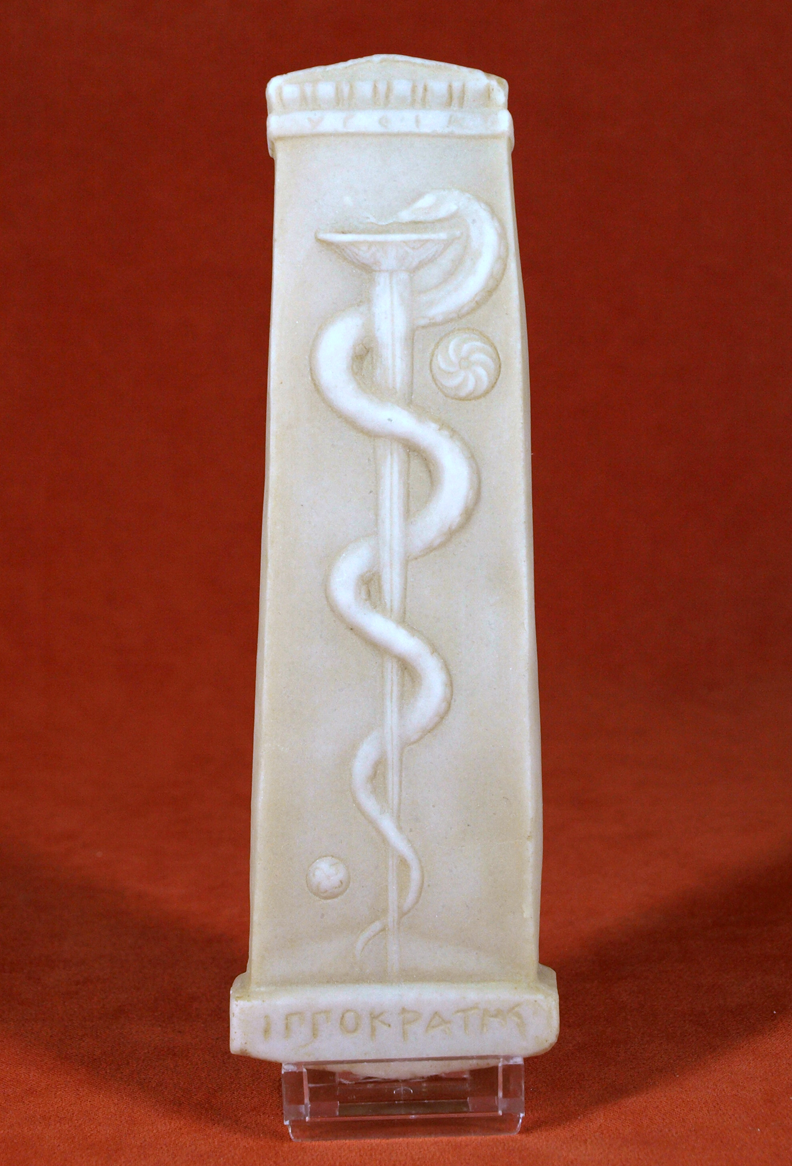 Vara de Asclepio con serpiente y copa, estela griega de 17 cm