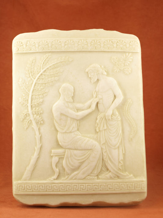 relieve de Hipócrates curando a un paciente en resina y polvo de mármol